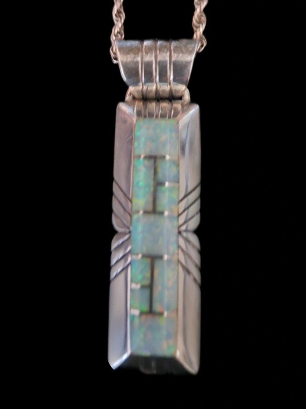 Signed Chester Benally Navajo Sterling Silver White Fire Opal Inlay Pendant 1.75